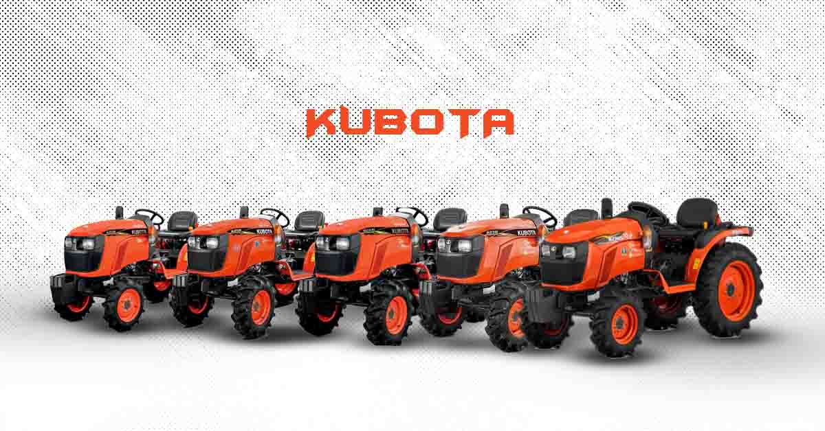 Lineup of Kubota mini tractors in orange color for modern farming