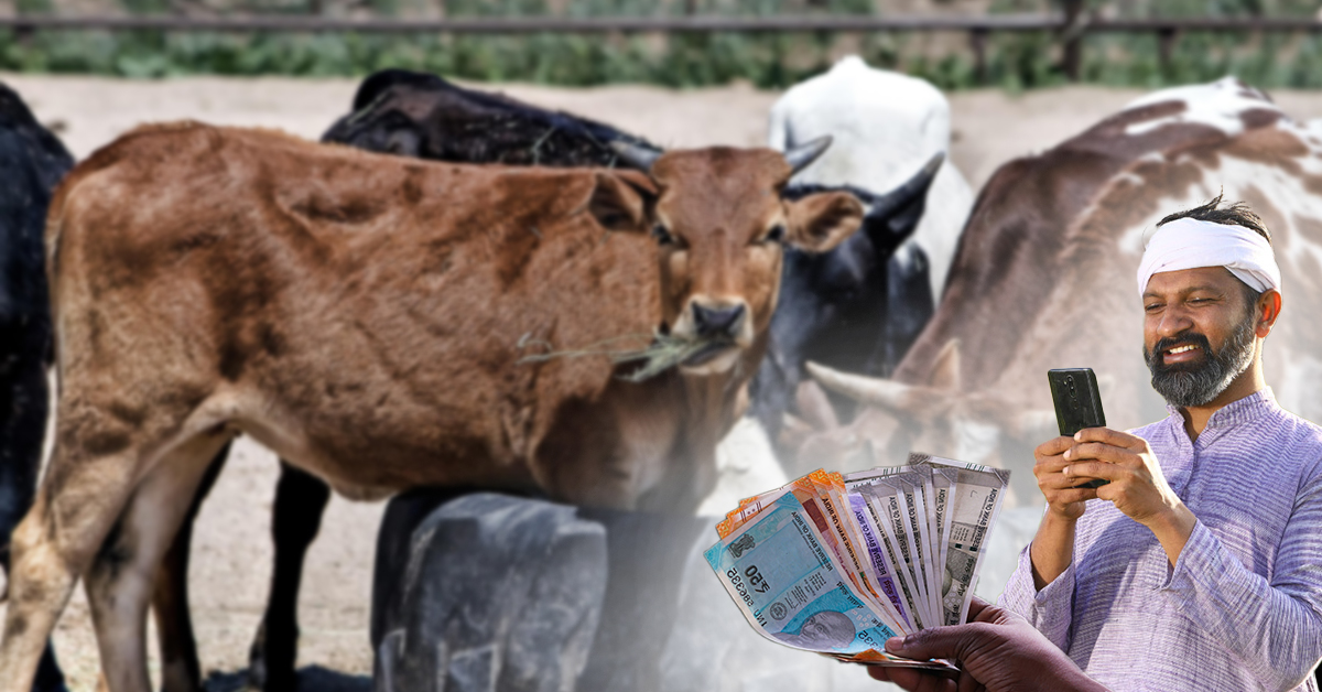 A cheerful farmer using a smartphone while holding Indian currency notes, standing near grazing cows in a rural setting, symbolizing agricultural earnings and digital advancements in farming
